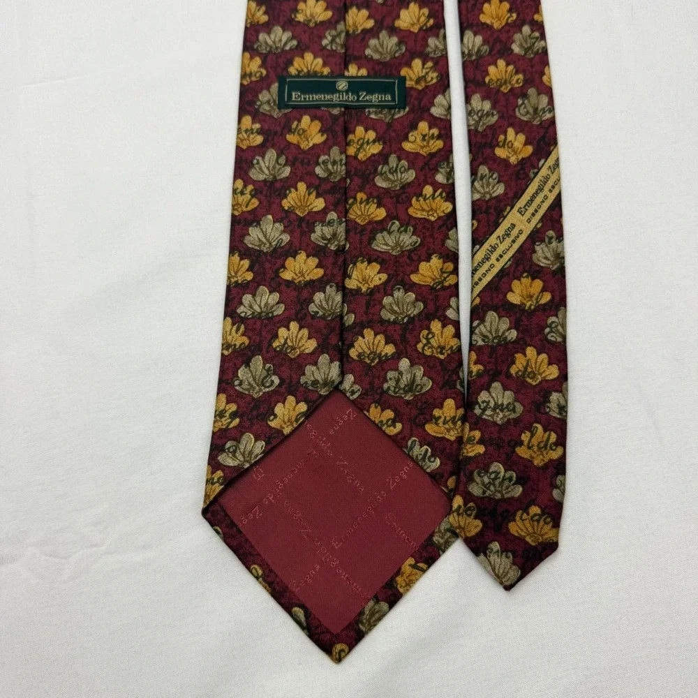 Ermenegildo Zegna Tie Mens OS Burgundy Gold Floral Leaf Silk Italian Designer